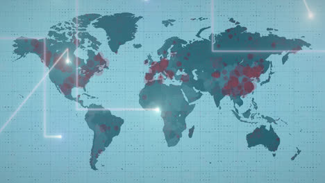 Lichtspuren,-Die-Sich-über-Die-Weltkarte-Bewegen-Und-Vor-Blauem-Hintergrund-Rot-Werden