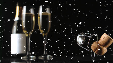 Animation-of-confetti-and-cork-falling-over-champagne-bottle-and-glasses-on-black-background