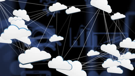 Animation-of-digital-icons-and-network-of-digital-clouds-on-dark-blue-background