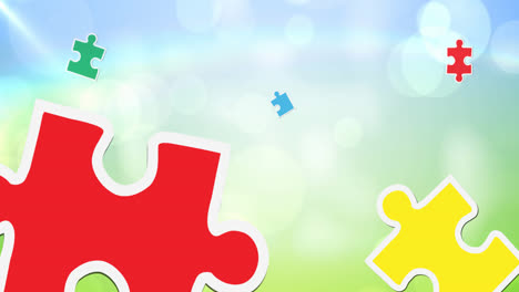 Animation-of-green,-yellow,-blue-and-red-puzzle-pieces-turning-on-green-to-blue-background