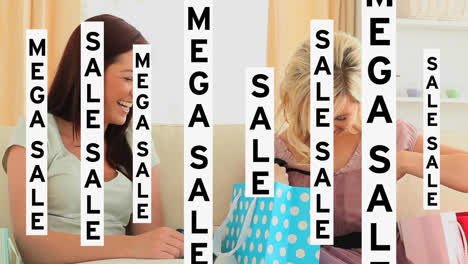 Animation-of-mega-sale-text-over-two-happy-woman
