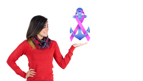 Animation-of-pink-ribbon-anchor-logo-over-smiling-young-woman
