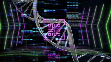 Digital-animation-of-glowing-qr-code-against-dna-structure-and-mosaic-squares-on-black-background