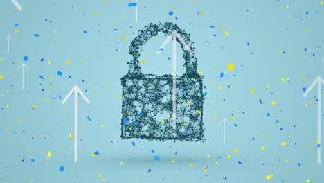 Confetti-falling-and-multiple-arrows-moving-upwards-against-security-padlock-icon-on-blue-background