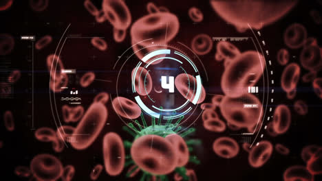 Animation-Eines-Kreisförmigen-Scanners-über-Roten-Blutkörperchen-Und-Covid-19-Zellen,-Mit-Datenverarbeitung