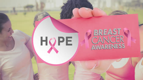 Animation-of-pink-ribbon-logo-with-breast-cancer-text-over-diverse-group-of-women