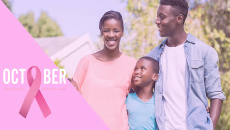 Animation-of-pink-ribbon-logo-with-october-text-over-smiling-family-outdoors