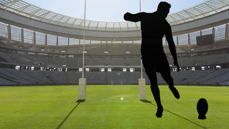 Animation-Der-Silhouetten-Männlicher-Rugbyspieler-über-Einem-Sportstadion