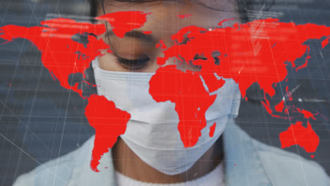Animation-of-world-map-showing-infection-over-woman-in-face-mask-in-city