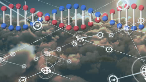 Animation-Eines-Netzwerks-Von-Verbindungen-Mit-Symbolen-über-Einem-Sich-Drehenden-DNA-Strang