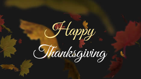 Happy-thanksgiving-text-over-multiple-maple-leaves-falling-against-black-background
