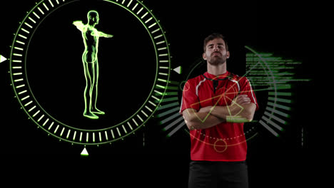 Animation-Des-Sich-Drehenden-Menschlichen-Körpers,-Datenverarbeitung-Und-Zielfernrohr-Scanning-über-Einem-Rugbyspieler