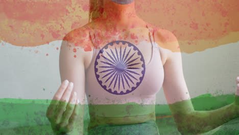 Animación-De-Una-Mujer-Con-Mascarilla-Practicando-Yoga-Sobre-La-Bandera-India