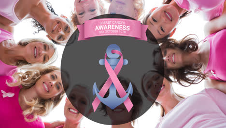Animation-of-pink-ribbon-anchor-logo-with-breast-cancer-text-over-diverse-group-of-smiling-women