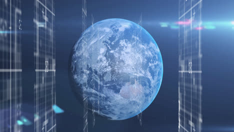 Animation-Von-Weißen-Lichtspuren-Auf-Bildschirmen-über-Der-Erde-Im-Universum-Auf-Blauem-Hintergrund