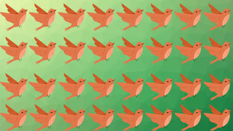 Animation-of-rows-of-tropical-birds-moving-on-green-background