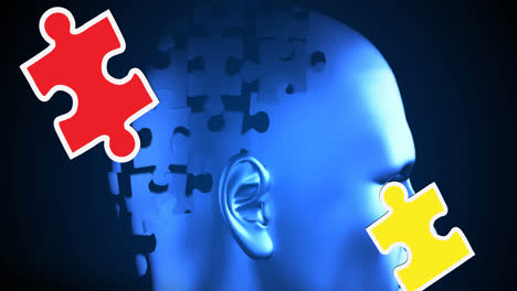 Animation-of-green,-red-and-yellow-puzzle-pieces-falling-over-human-head-formed-with-puzzles-on-blue