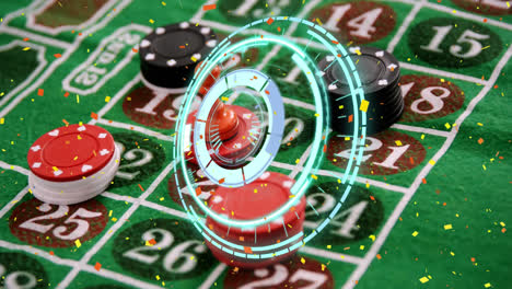 Animation-of-falling-confetti-and-safe-lock-rotating-over-poker-chips-stacked-on-gambling-table