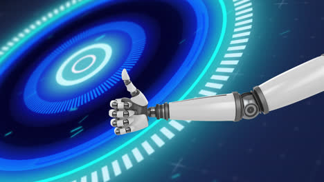 Animation-of-robot's-hand-with-thumbs-up-scopes-scanning-on-blue-background