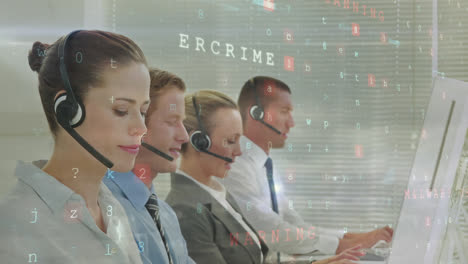 Animation-of-cyber-attack-warning-over-businesspeople-wearing-phone-headset