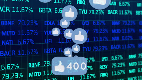 Animation-of-social-media-like-icons-and-rising-numbers,-over-financial-shares-data-processing