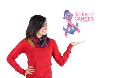 Animation-of-pink-ribbon-anchor-logo-with-breast-cancer-text-over-smiling-young-woman