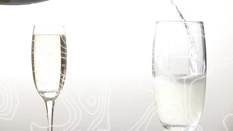 Animation-Von-Weißen-Formen-über-Champagnergläsern-Auf-Weißem-Hintergrund