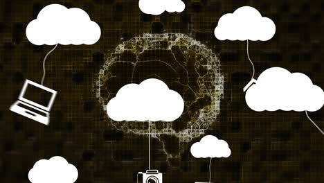 Animation-of-white-clouds-with-hanging-media-icons-over-brain-on-black-background