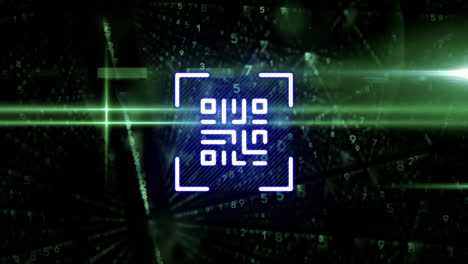 Digitale-Animation-Eines-Leuchtenden-Neonblauen-QR-Codes-Vor-Reihen-Wechselnder-Zahlen-Auf-Grünem-Hintergrund