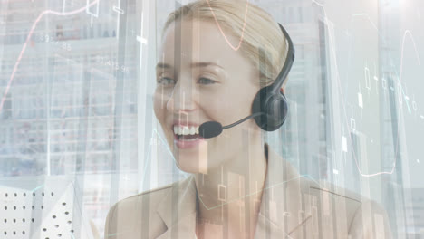 Animation-of-financial-and-statistic-data-processing-over-businesswoman-wearing-phone-headset