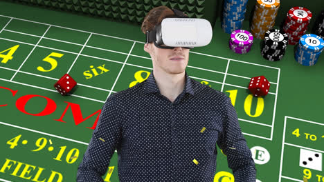 Animation-Eines-Geschäftsmannes,-Der-Ein-VR-Headset-über-Einem-Casino-Glücksspielbrett-Trägt