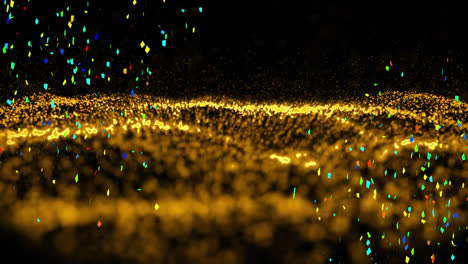 Animation-of-colourful-confetti-falling,-over-undulating-gold-granular-landscape-on-black-background