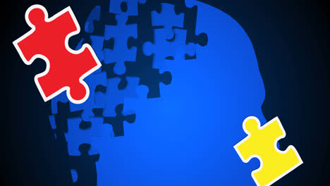 Animation-of-green,-red-and-yellow-puzzle-pieces-falling-over-human-head-formed-with-puzzles-on-blue