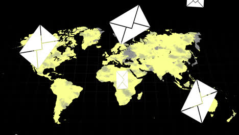 Multiple-message-icons-falling-against-world-map-turning-yellow-on-black-background