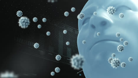 Digitale-Animation-Mehrerer-Covid-19-Zellen,-Die-über-Einem-Menschlichen-Gesichtsmodell-Schweben,-Vor-Dem-Hintergrund-Der-Datenverarbeitung