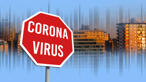 Digital-animation-of-coronavirus-text-on-sign-board-against-cityscape-in-background