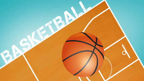 Animation-Eines-Basketballs,-Der-über-Einen-Basketballplatz-Rollt,-Und-Text-Auf-Blauem-Hintergrund