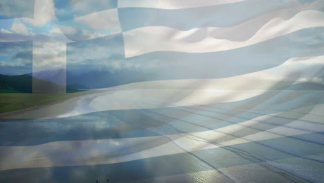 Animation-of-greek-flag-waving-over-sunny-seaside