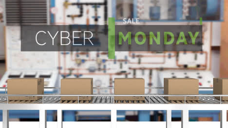 Animation-of-cyber-monday-text-over-cardboard-boxes-on-conveyor-belt-in-warehouse