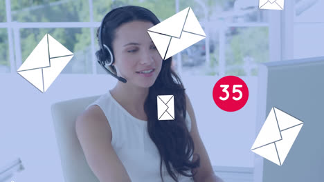 Animation-of-email-icons-and-numbers-changing-over-businesswoman-wearing-phone-headset