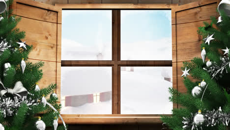Animation-of-winter-scenery-with-christmas-decoration-seen-through-window