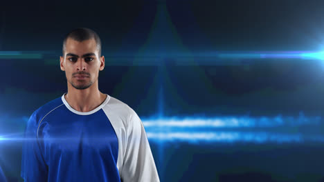 Animation-of-basketball-player-over-glowing-blue-background