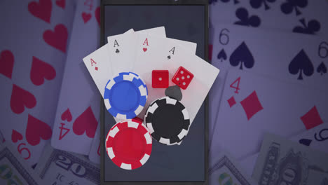 Animation-Von-Casino-Chips,-Würfeln-Und-Spielkarten-über-Smartphone