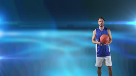 Animation-Eines-Basketballspielers,-Der-Mit-Ball-Auf-Leuchtend-Blauem-Hintergrund-Spielt