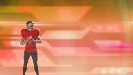 Animation-Eines-American-Football-Spielers-Im-Helm,-Der-Einen-Ball-über-Einem-Leuchtend-Orangefarbenen-Hintergrund-Hält