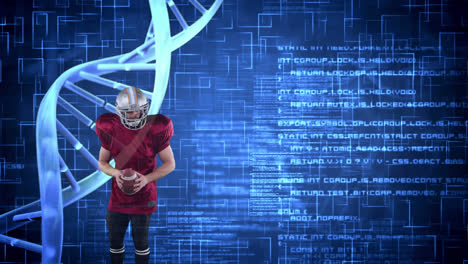 Animation-of-dna-strand-spinning-and-data-processing-over-american-football-player
