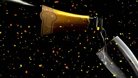 Animation-of-confetti-falling-over-champagne-glass-on-black-background