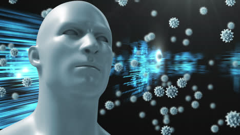 Digitale-Animation-Eines-Menschlichen-Gesichtsmodells-Und-Von-Covid-19-Zellen-Auf-Bildschirmen-Mit-Datenverarbeitung