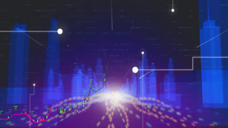 Lichtspuren,-Die-Sich-über-Ein-3D-Stadtmodell-Vor-Blauem-Hintergrund-Bewegen