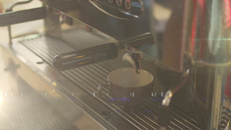 Digital-composite-video-of-spots-of-light-against-mid-section-of-barista-preparing-coffee-at-cafe